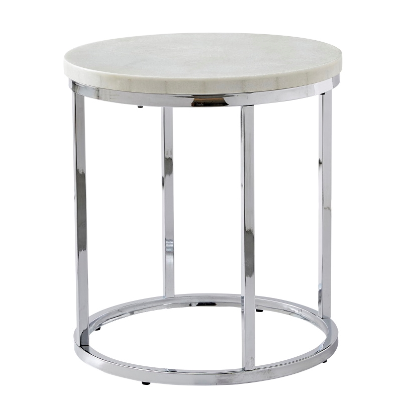 Home Square Marble Round Contemporary Metal End Table in White - Set of 2