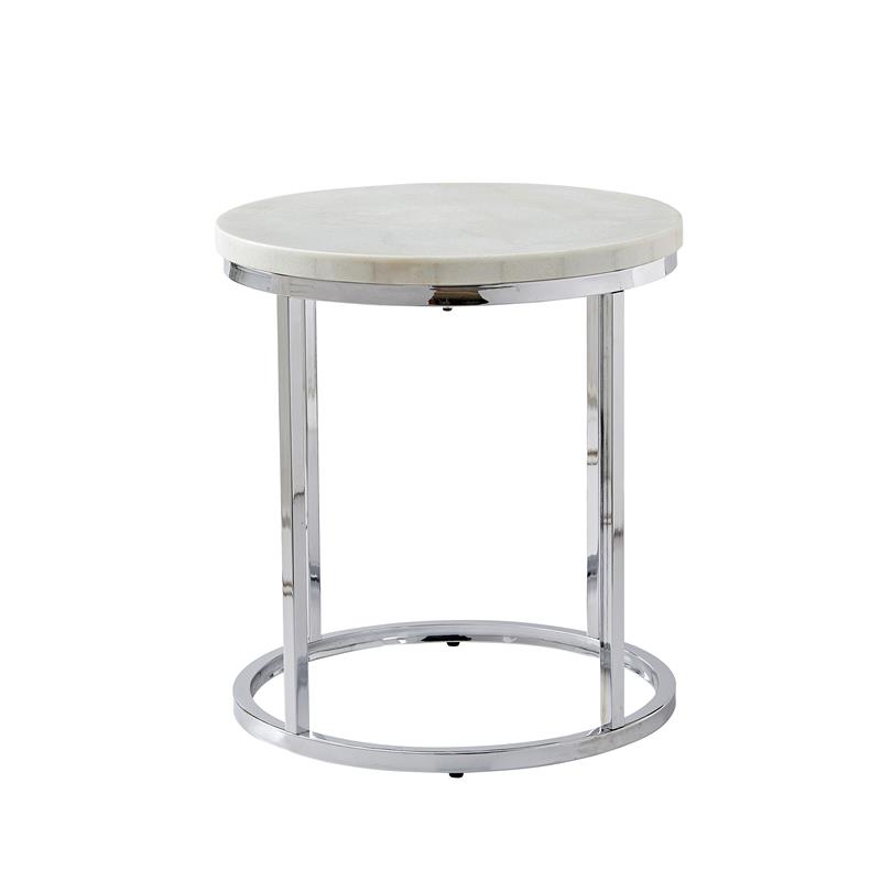 Home Square Marble Round Contemporary Metal End Table in White - Set of 2