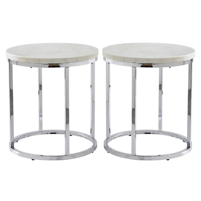 Home Square Marble Round Contemporary Metal End Table in White - Set of 2