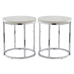 Home Square Marble Round Contemporary Metal End Table in White - Set of 2