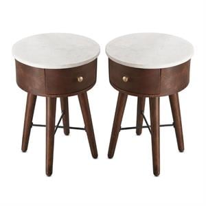 Home Square Round Marble Top End Table in Brown Cherry Base - Set of 2