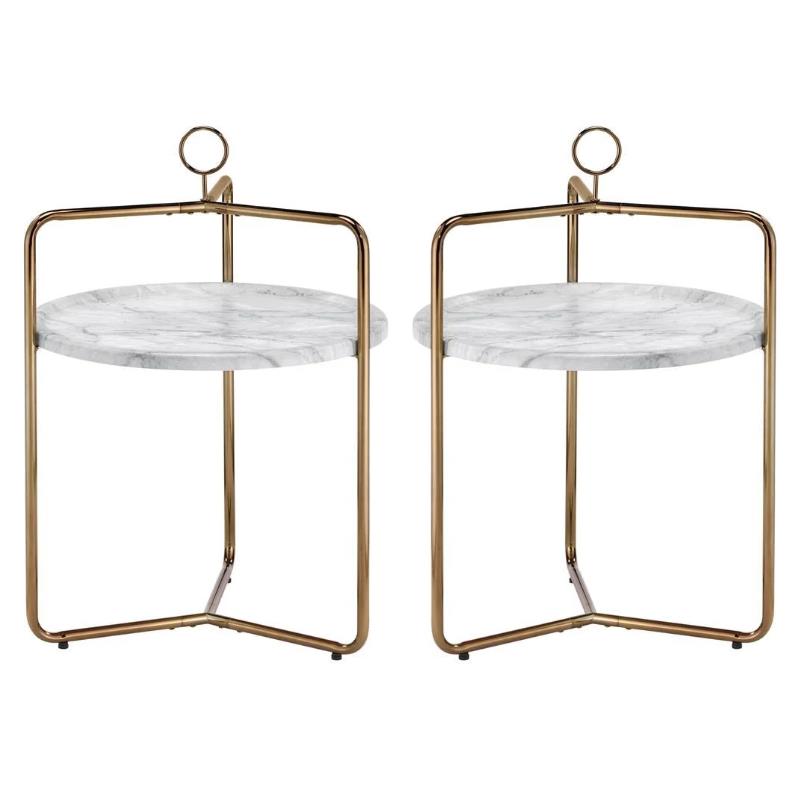 Home Square Faux Marble and Metal Side Table in White/Gold - Set of 2