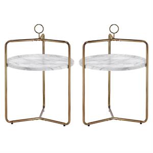 Home Square Faux Marble and Metal Side Table in White/Gold - Set of 2