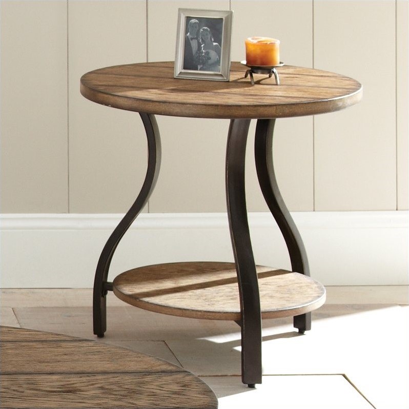 Home Square Round End Table in Planked Light Oak Finish - Set of 2
