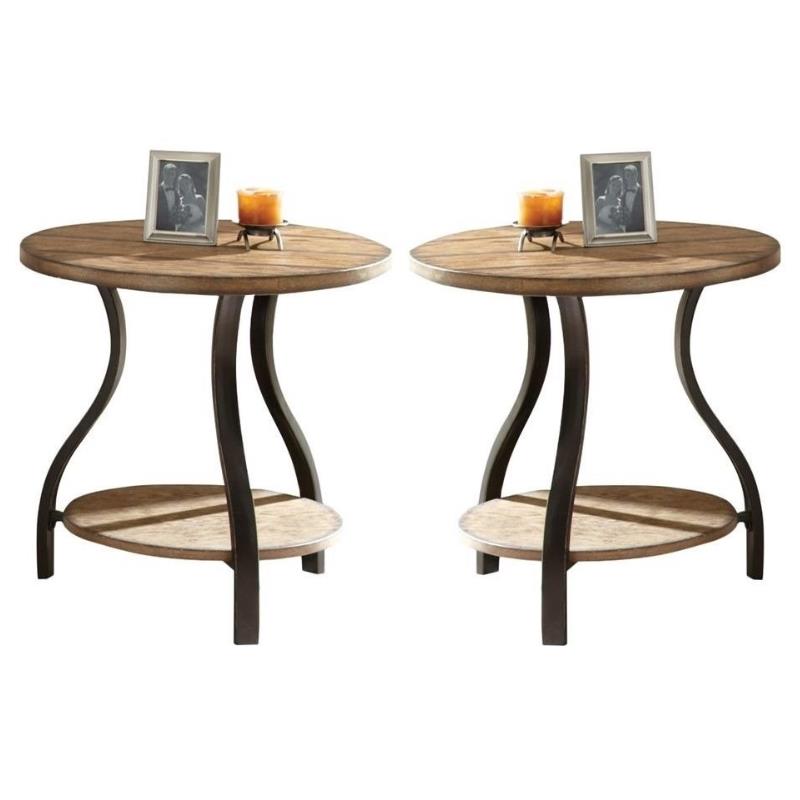 Home Square Round End Table in Planked Light Oak Finish - Set of 2