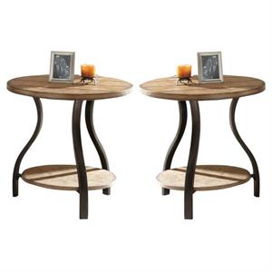 Home Square Round End Table in Planked Light Oak Finish - Set of 2