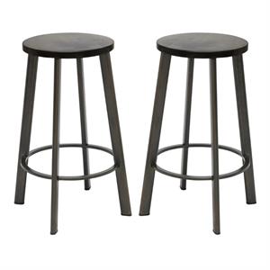Home Square Metro 25&quot Round Wood Seat Counter Stool in Barnwood - Set of 2