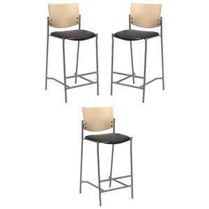 Home Square Vinyl Barstool in Silver Frame/Black - Set of 3
