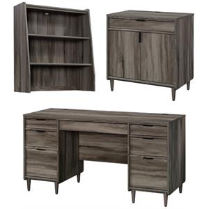 home square 3-piece set with desk base storage cabinet & hutch in jet acacia