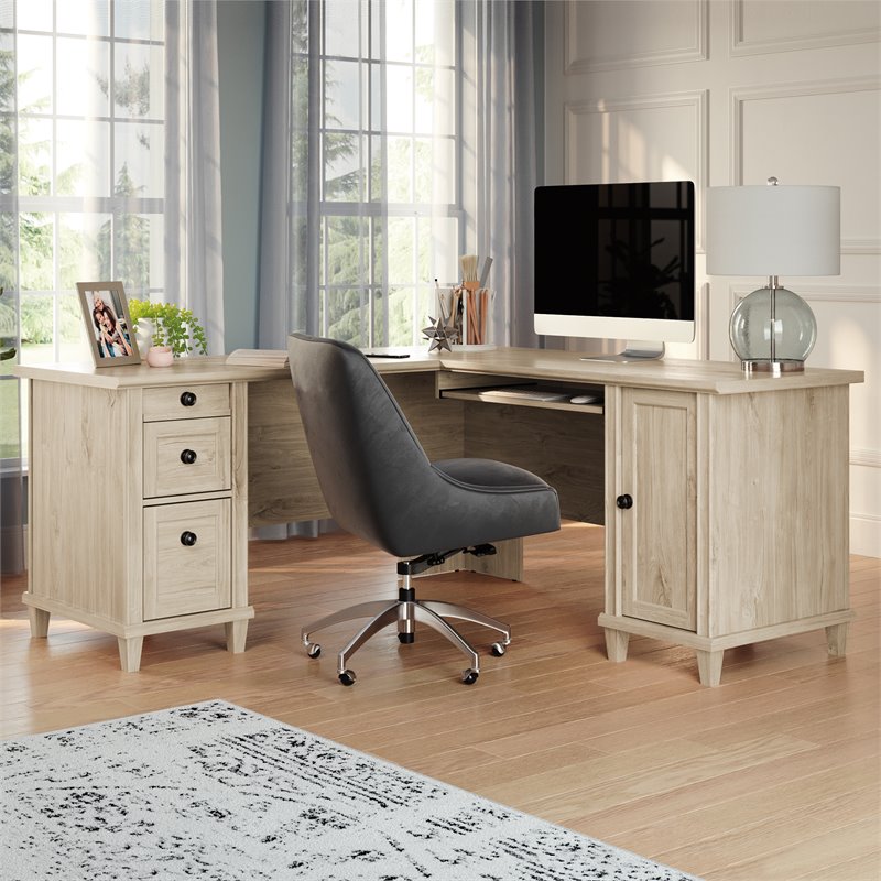 Home Square 2-Piece Set with L-Shaped Desk & Lateral File Cabinet in Chalk Oak