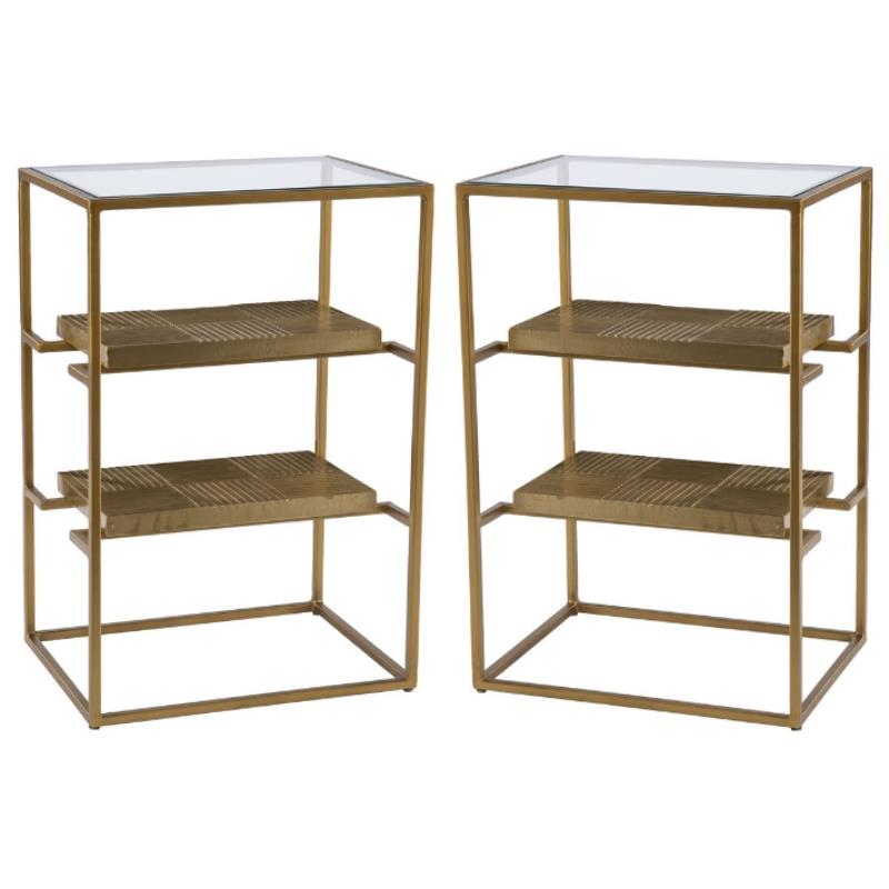 Home Square Metal End Table with Glass Top in Brass - Set of 2