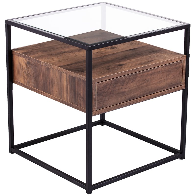 Home Square 1 Drawer Glass Top End Table in Black and Natural - Set of 2