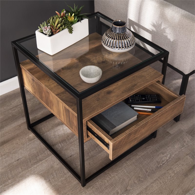 Home Square 1 Drawer Glass Top End Table in Black and Natural - Set of 2