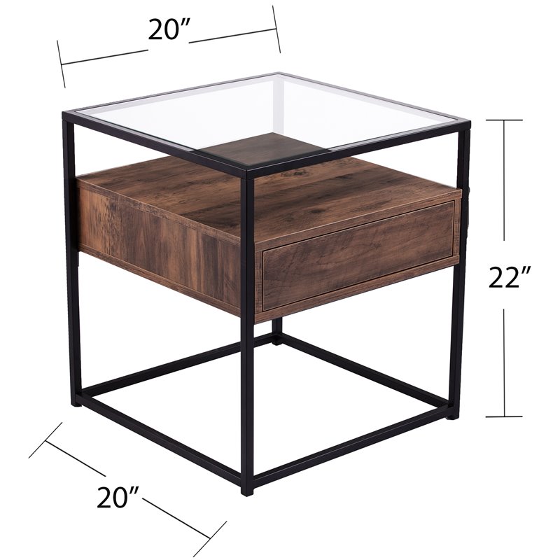 Home Square 1 Drawer Glass Top End Table in Black and Natural - Set of 2