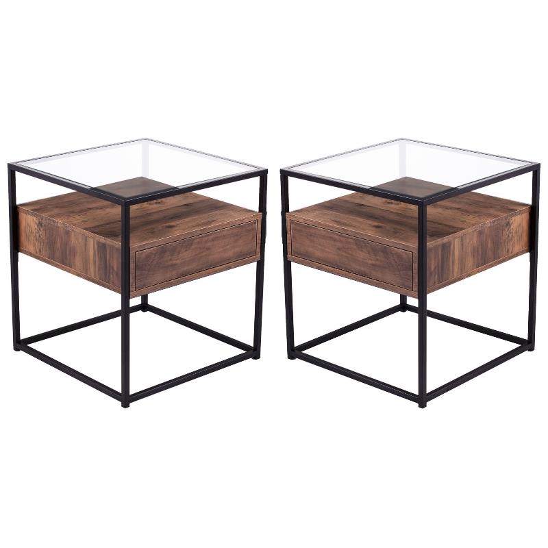 Home Square 1 Drawer Glass Top End Table in Black and Natural - Set of 2