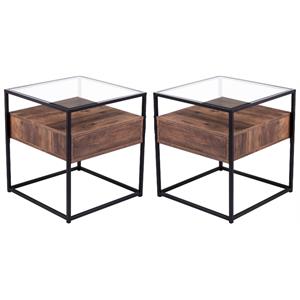 Home Square 1 Drawer Glass Top End Table in Black and Natural - Set of 2