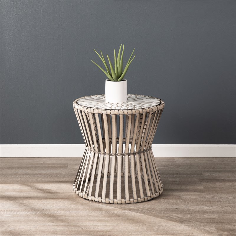 Home Square Round Wicker Outdoor Side Table in Gray - Set of 2