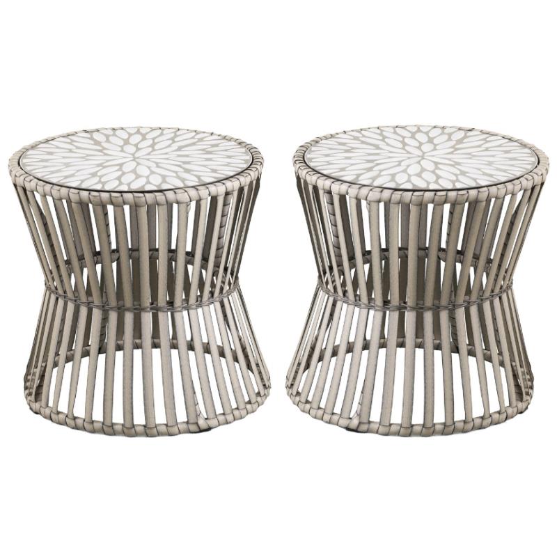 Home Square Round Wicker Outdoor Side Table in Gray - Set of 2
