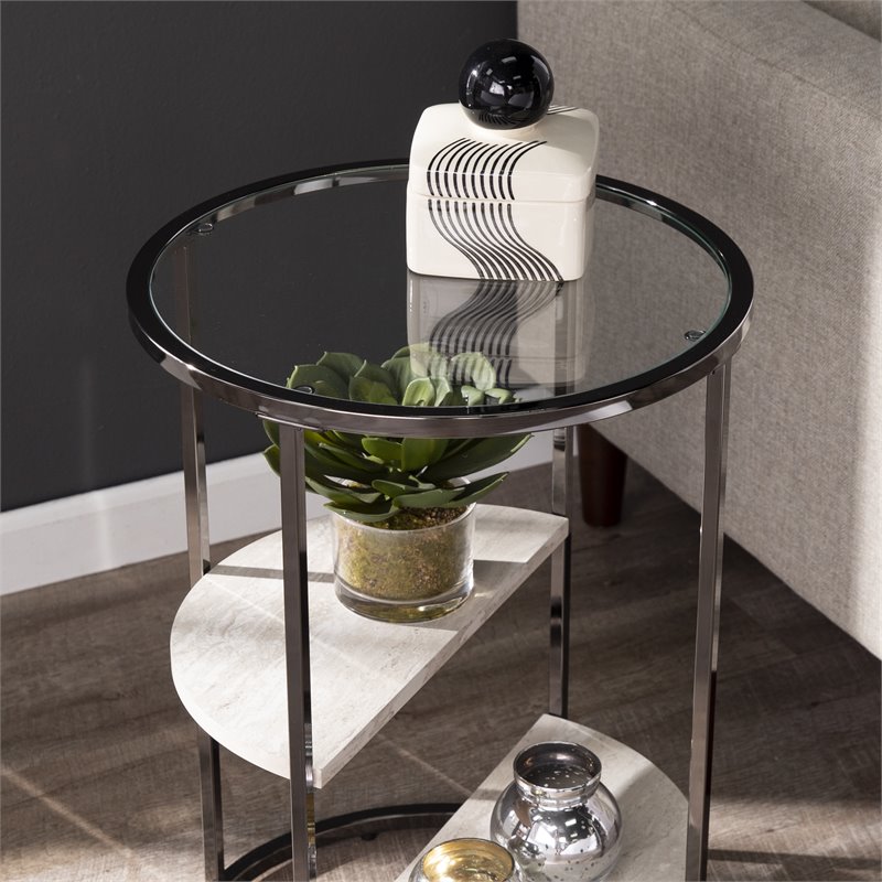 Home Square Ledermore Glass Top Accent Side Table in Gloss Black - Set of 2