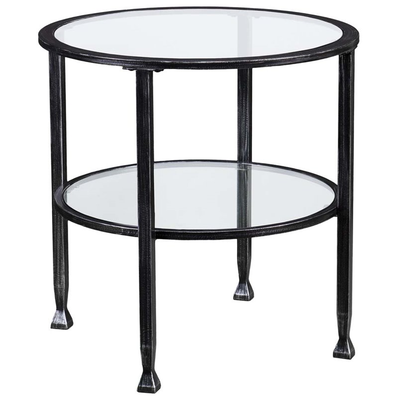 Home Square Jaymes Round Glass Top Metal End Table in Black - Set of 2