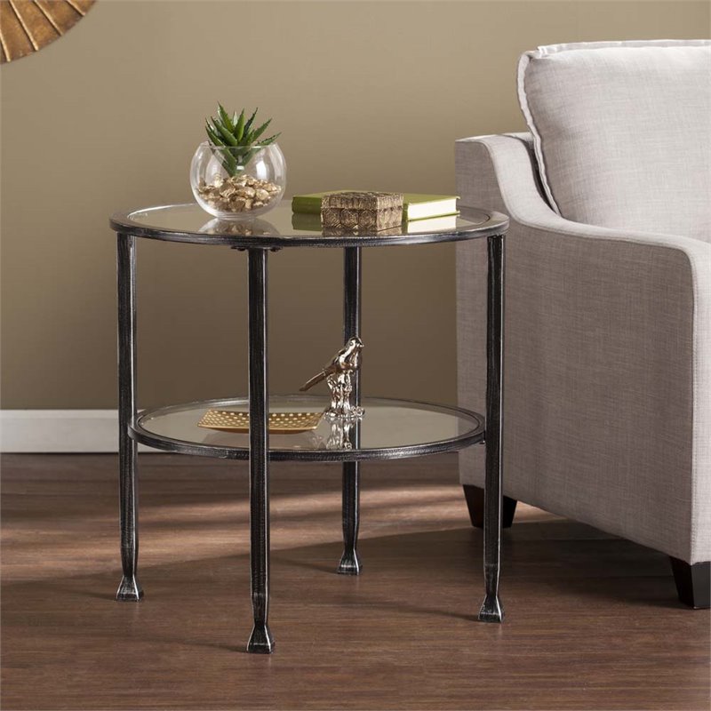 Home Square Jaymes Round Glass Top Metal End Table in Black - Set of 2