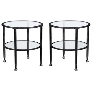 Home Square Jaymes Round Glass Top Metal End Table in Black - Set of 2