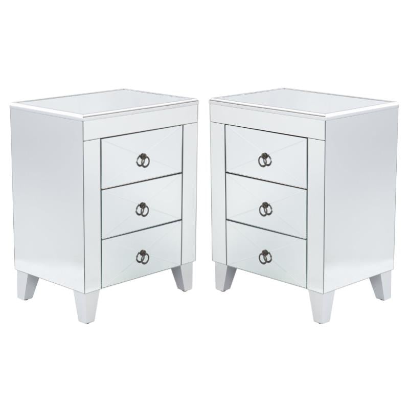 Home Square Wood Mirror End Table with Drawers in Silver - Set of 2