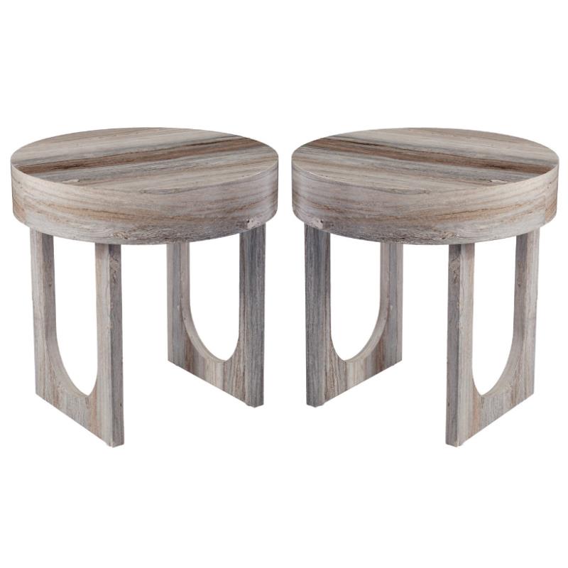 Home Square Round Wood Faux Marble End Table in Brown - Set of 2