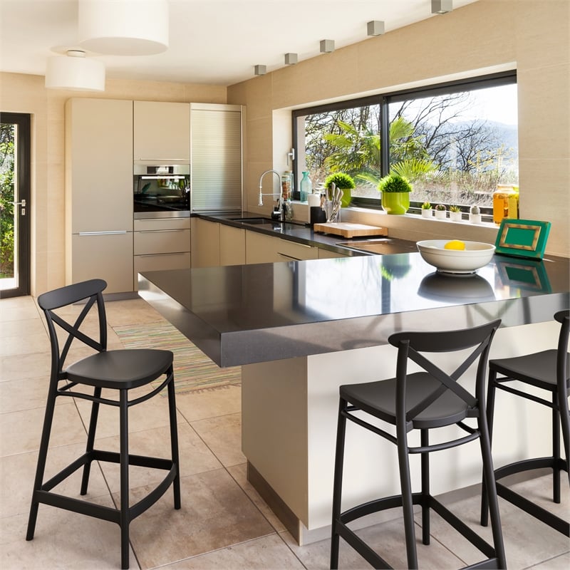 Home Square Cross Indoor Outdoor Counter Stool in Black - Set of 2