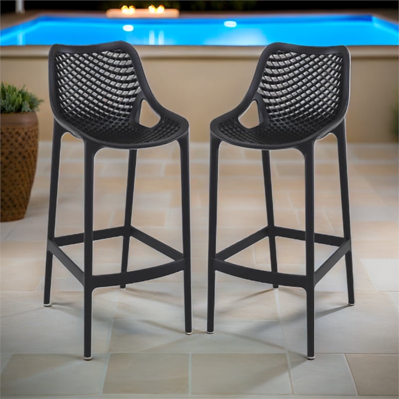 Home Square Polypropylene Patio Bar Stool in Black - Set of 2