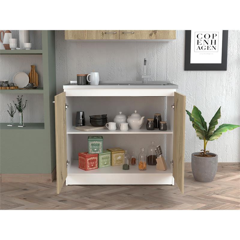 Home Square 2-Piece Set with Wall Cabinet and Utility Sink in White & Light Oak
