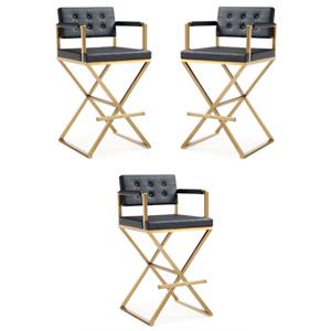 Home Square Director 30&quot Steel Fabric Bar Stool in Black & Gold - Set of 3