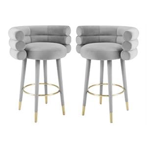 Home Square Betty 30.3&quotH Velvet and Plywood Bar Stool in Gray - Set of 2