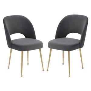 Home Square Swell 19.3&quot Velvet Dining Chair in Dark Gray & Gold - Set of 2