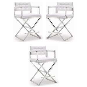 Home Square Director 26&quot Steel & Fabric Counter Stool in White - Set of 3
