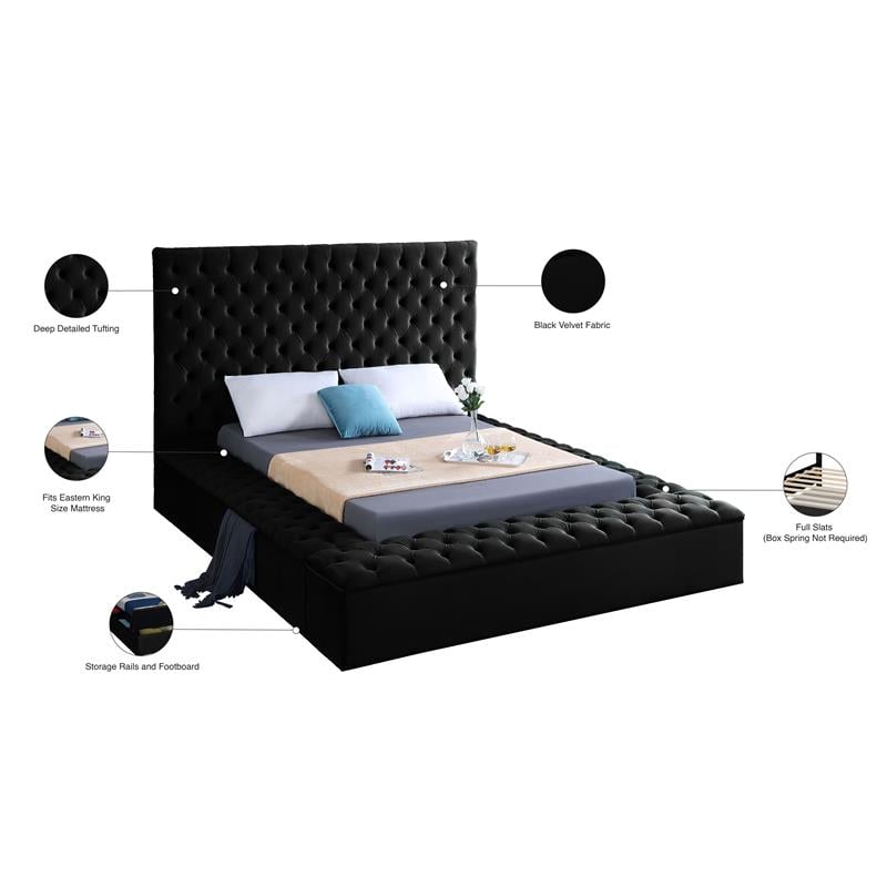 Home Square 2-Piece Set with Velvet King Bed and Ottoman in Black