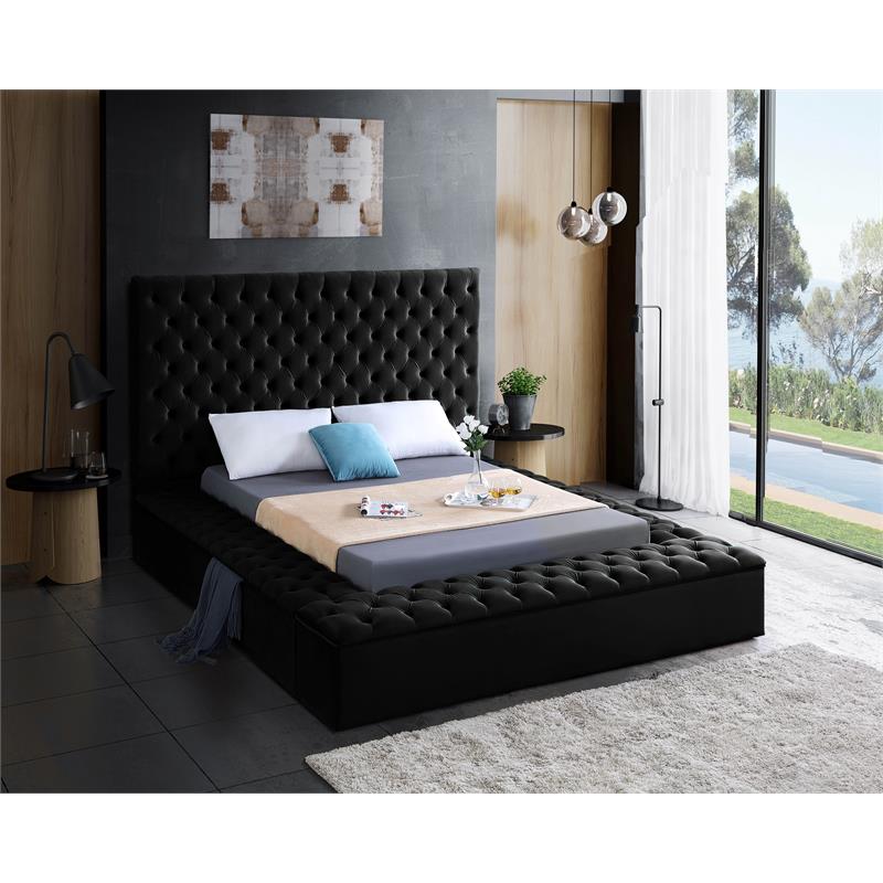 Home Square 2-Piece Set with Velvet King Bed and Ottoman in Black