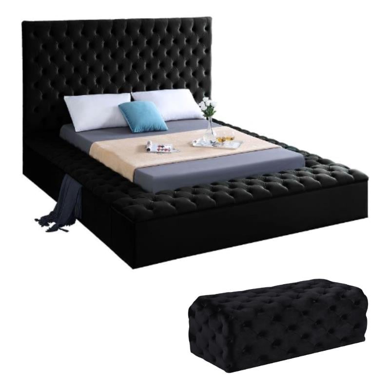 Home Square 2-Piece Set with Velvet King Bed and Ottoman in Black