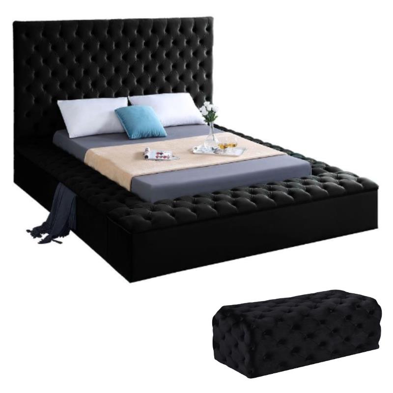 Home Square 2-Piece Set with Velvet Queen Bed and Ottoman in Black