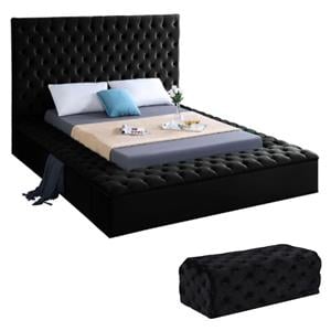 Home Square 2-Piece Set with Velvet Queen Bed and Ottoman in Black