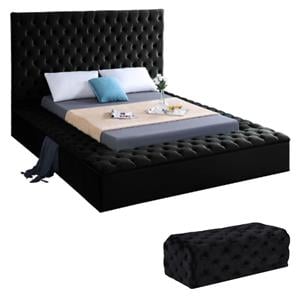 Home Square 2-Piece Set with Velvet Full Bed and Ottoman in Black