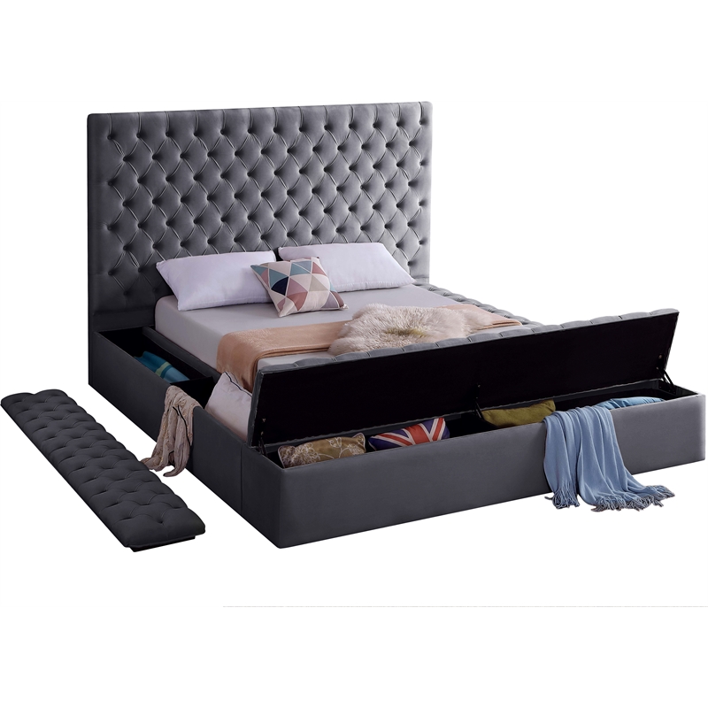 Home Square 2-Piece Set with Velvet King Bed and Ottoman in Gray