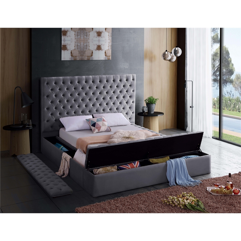 Home Square 2-Piece Set with Velvet King Bed and Ottoman in Gray