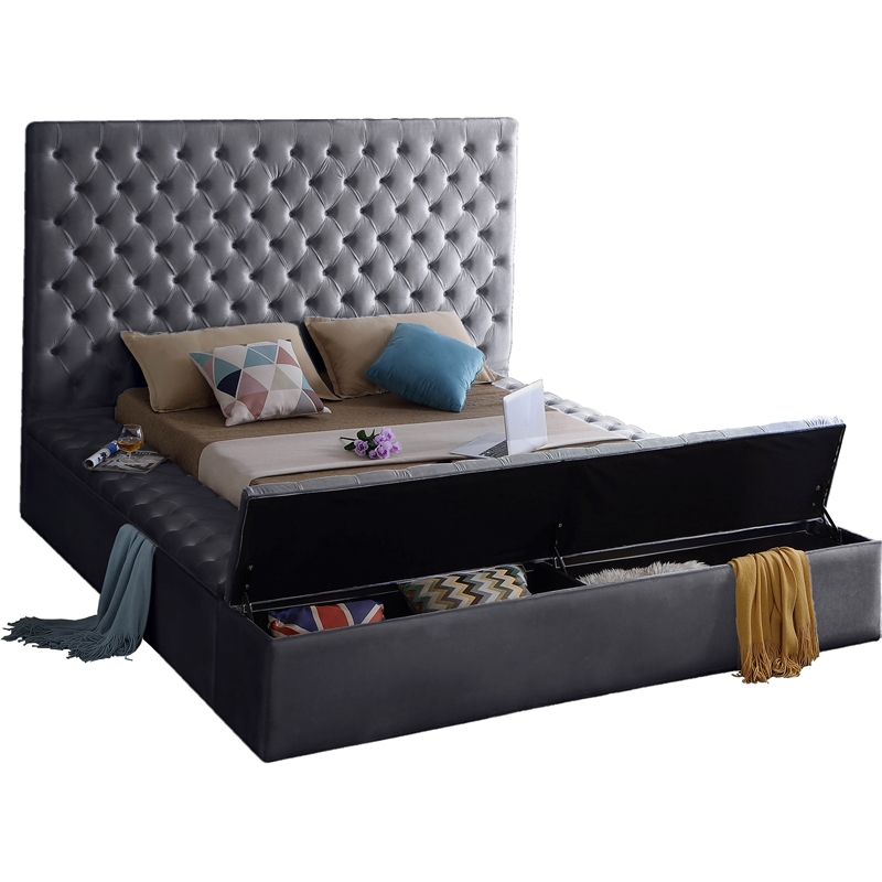 Home Square 2-Piece Set with Velvet King Bed and Ottoman in Gray