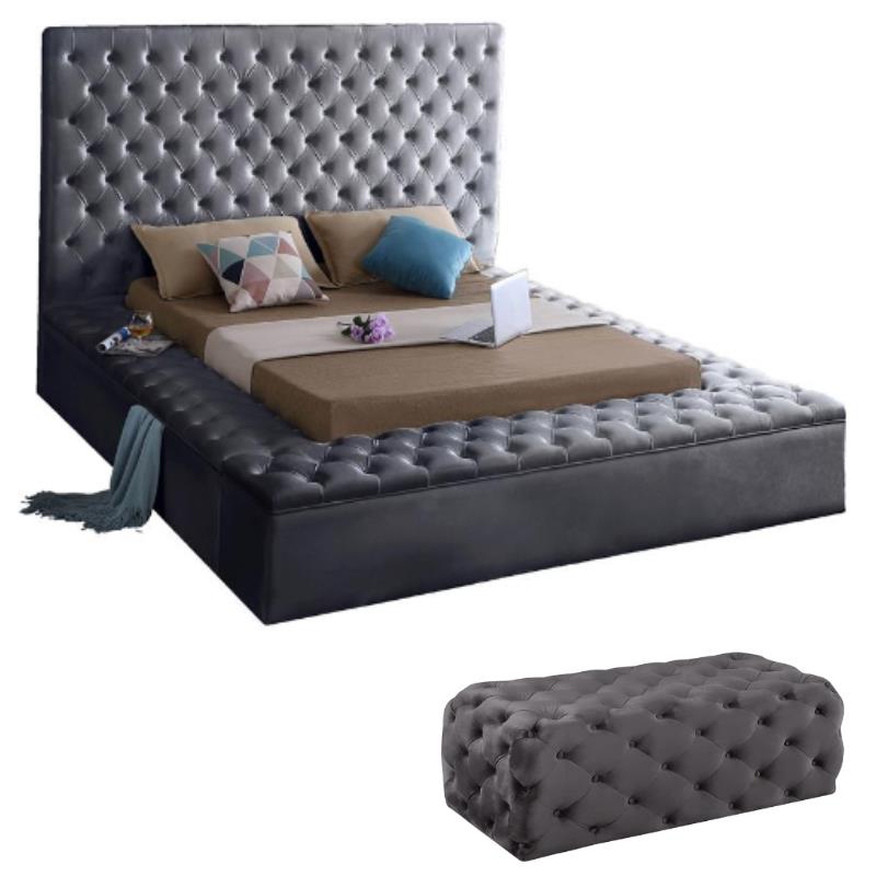 Home Square 2-Piece Set with Velvet Queen Bed and Ottoman in Gray