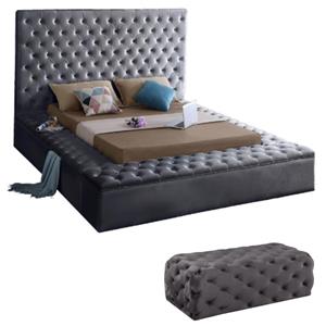 Home Square 2-Piece Set with Velvet Queen Bed and Ottoman in Gray