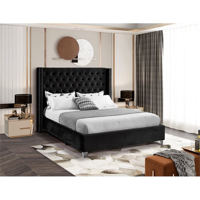 Home Square 2-Piece Set with Wing Back King Bed and Ottoman in Black