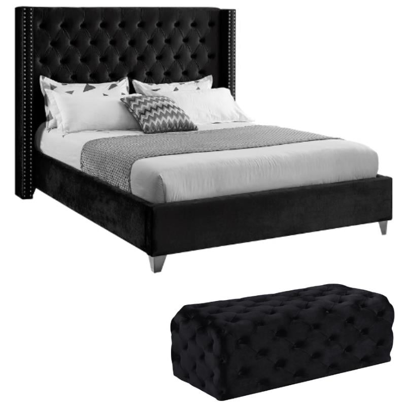 Home Square 2-Piece Set with Wing Back King Bed and Ottoman in Black
