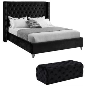 Home Square 2-Piece Set with Wing Back King Bed and Ottoman in Black