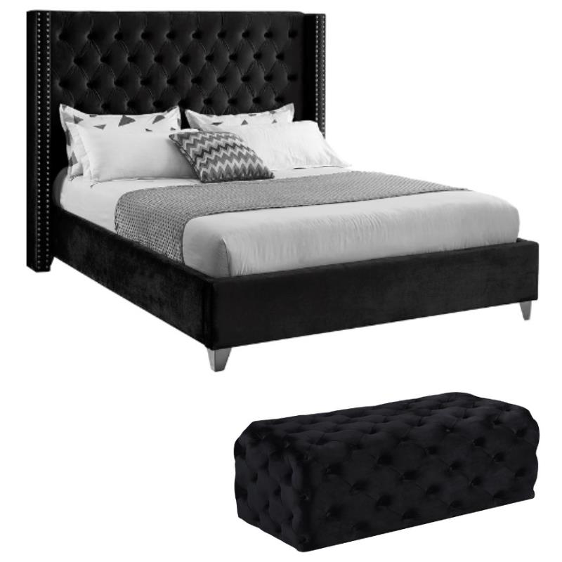 Home Square 2-Piece Set with Velvet Wing Back Queen Bed and Ottoman in Black